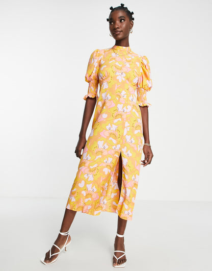 River Island floral curved seam midi dress in orange