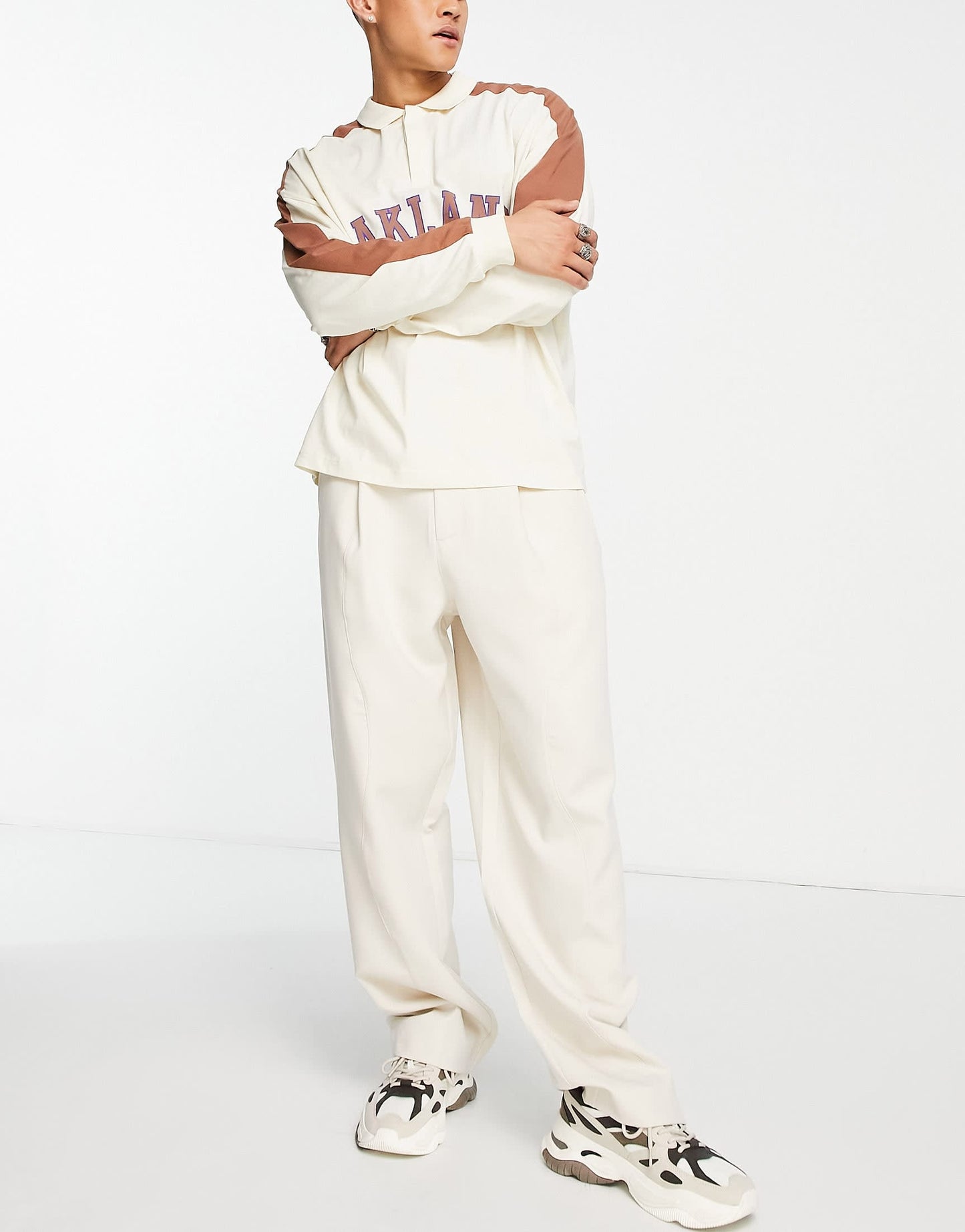 Bershka wide fit tailored trousers in beige