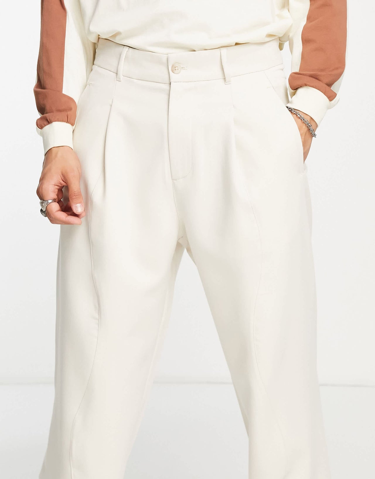 Bershka wide fit tailored trousers in beige