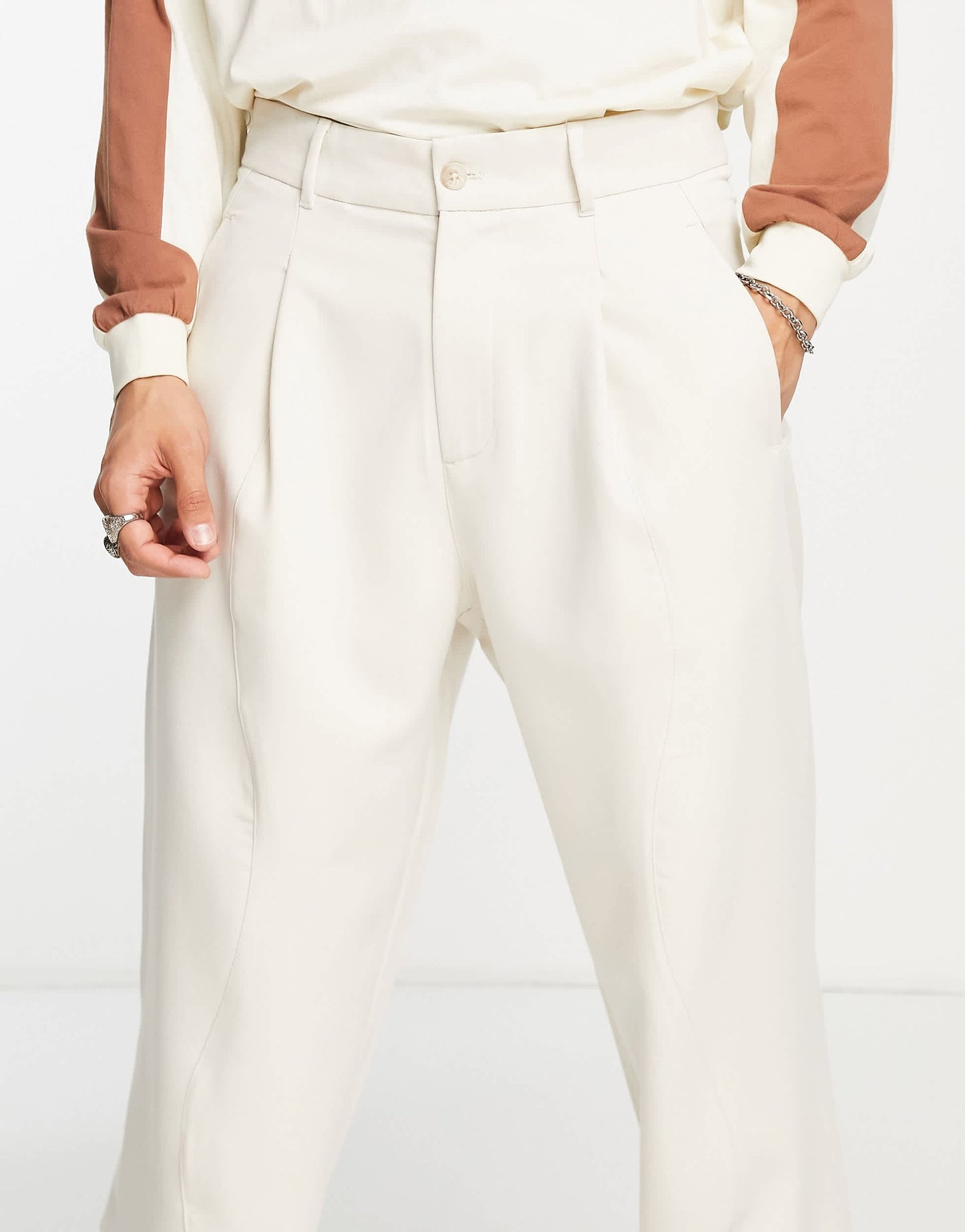 Bershka wide fit tailored trousers in beige