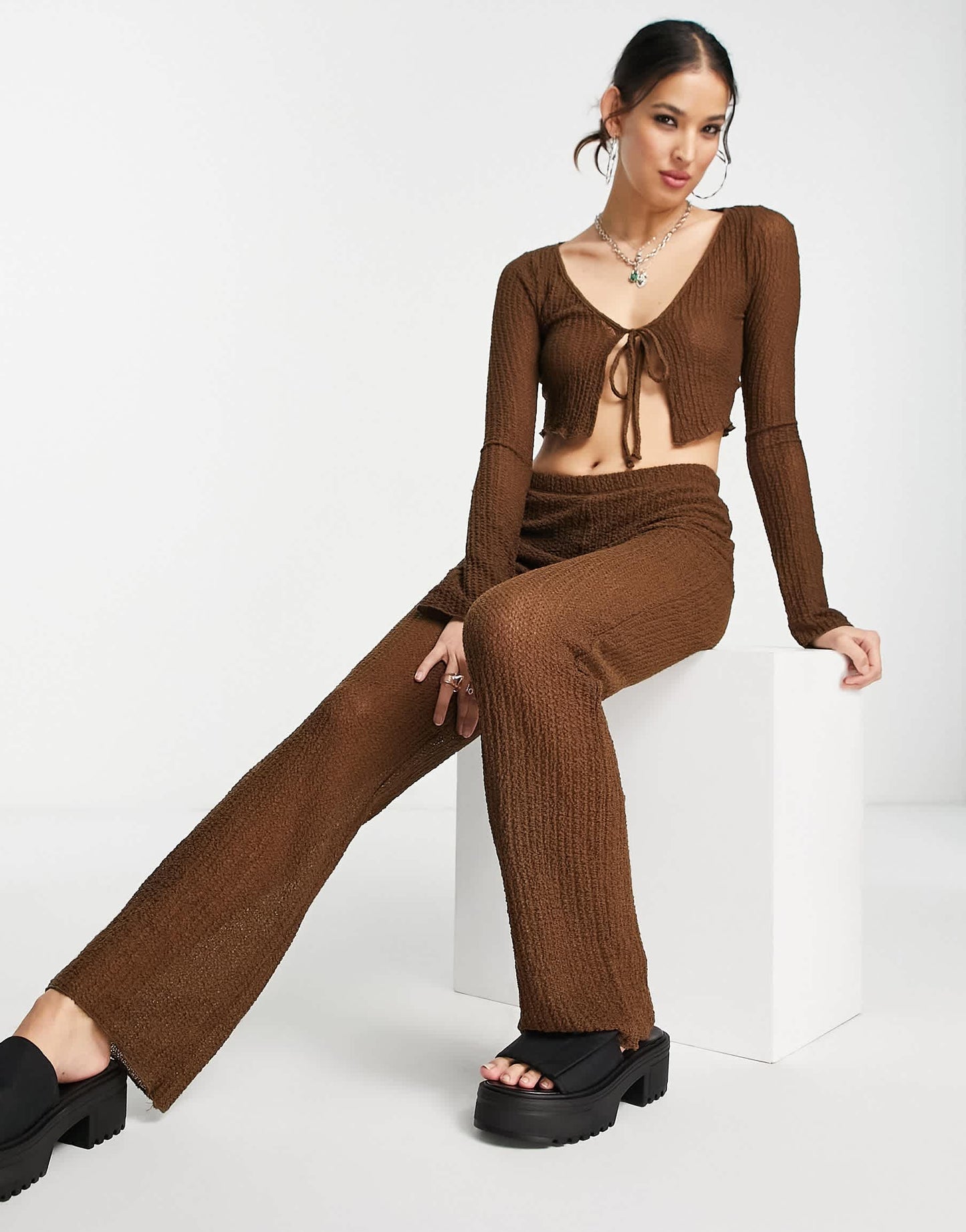 Pull&Bear high waist co-ord straight leg trousers in brown