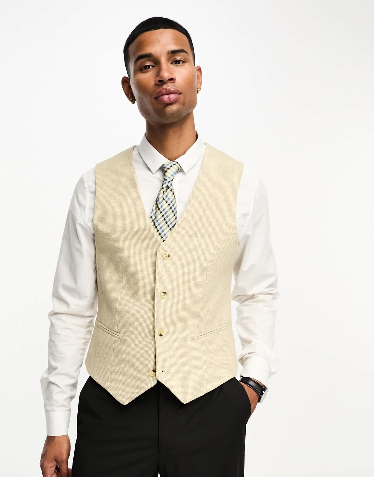 ASOS DESIGN wedding super skinny wool mix waistcoat in stone puppytooth