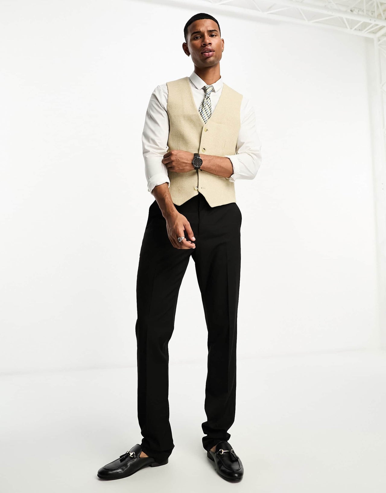 ASOS DESIGN wedding super skinny wool mix waistcoat in stone puppytooth