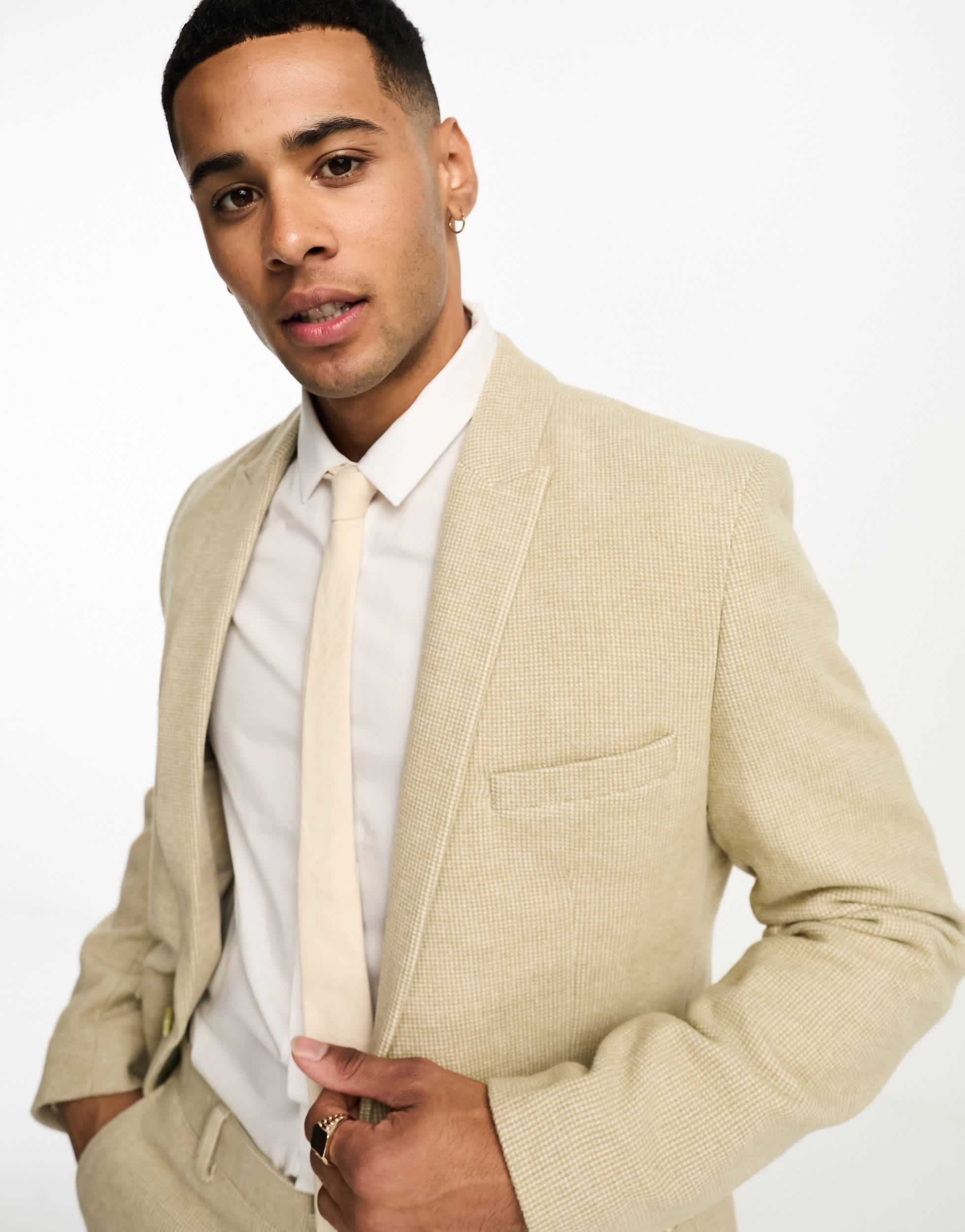 ASOS DESIGN wedding super skinny wool mix suit jacket in stone puppytooth