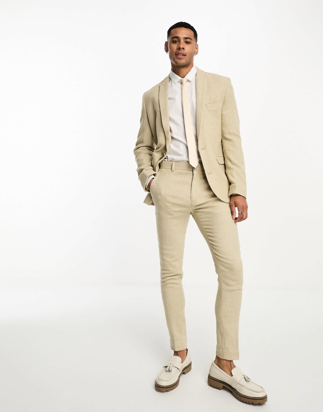 ASOS DESIGN wedding super skinny wool mix suit jacket in stone puppytooth