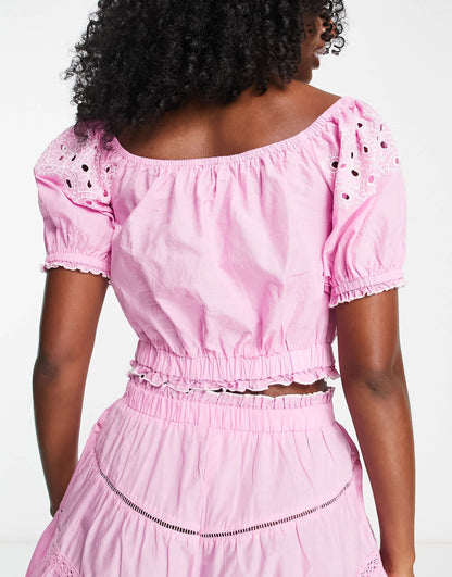 River Island cutwork lace beach bardot top co-ord in pink