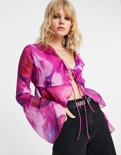 Bershka tie front frill detail blouse in pink floral print