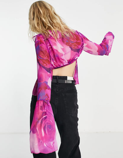 Bershka tie front frill detail blouse in pink floral print