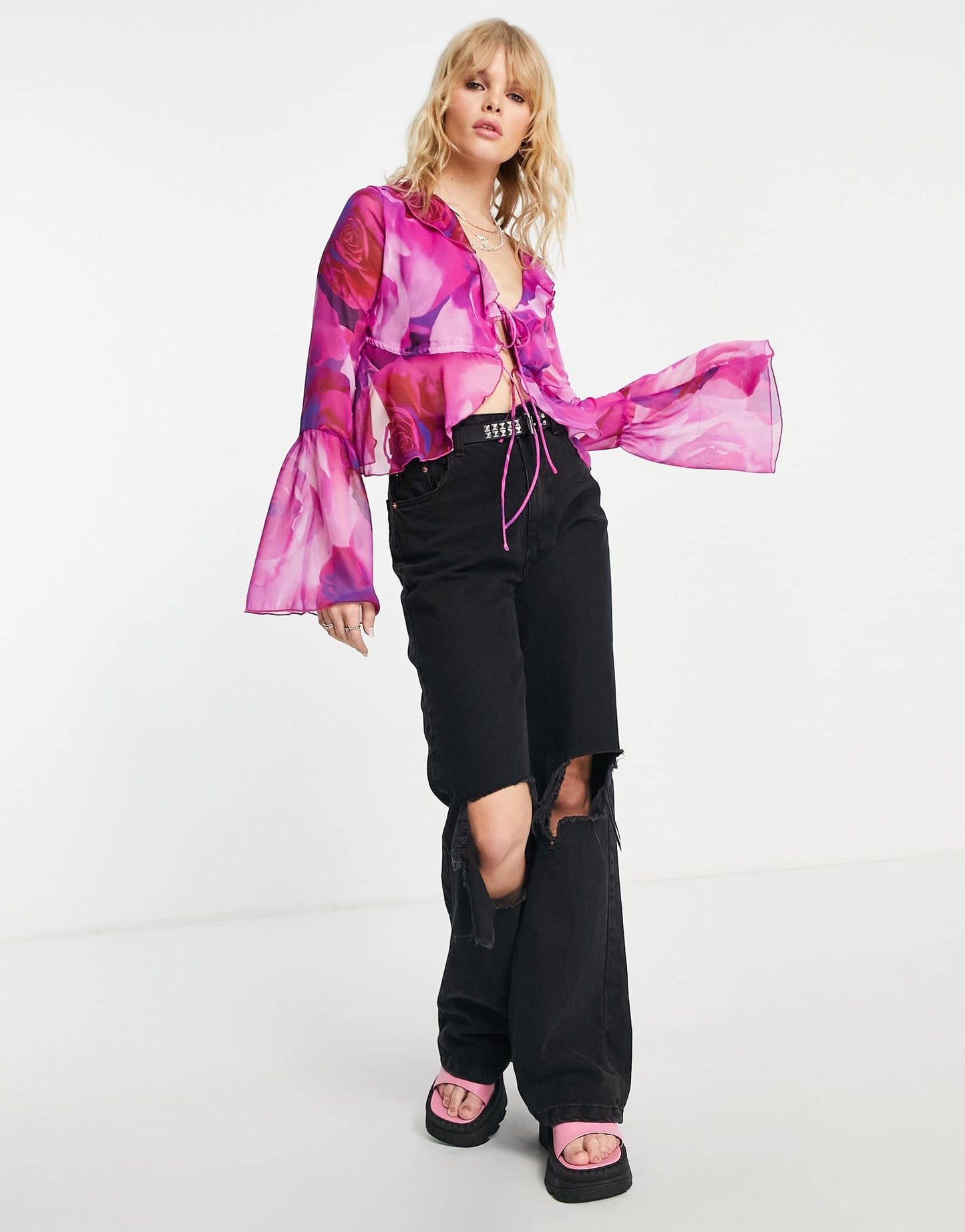 Bershka tie front frill detail blouse in pink floral print