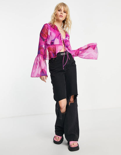 Bershka tie front frill detail blouse in pink floral print