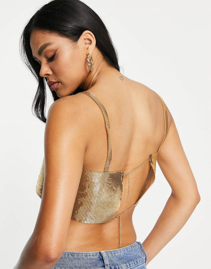 Femme Luxe chain mail strappy crop top in gold