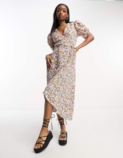 AX Paris puff sleeve midi dress in pink floral