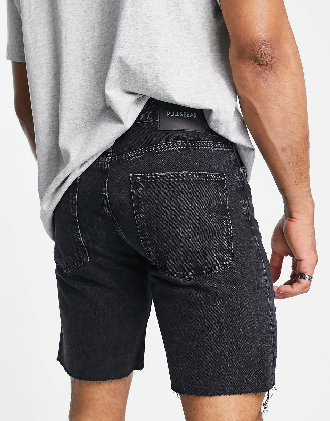 Pull&Bear straight fit denim shorts with rips in black