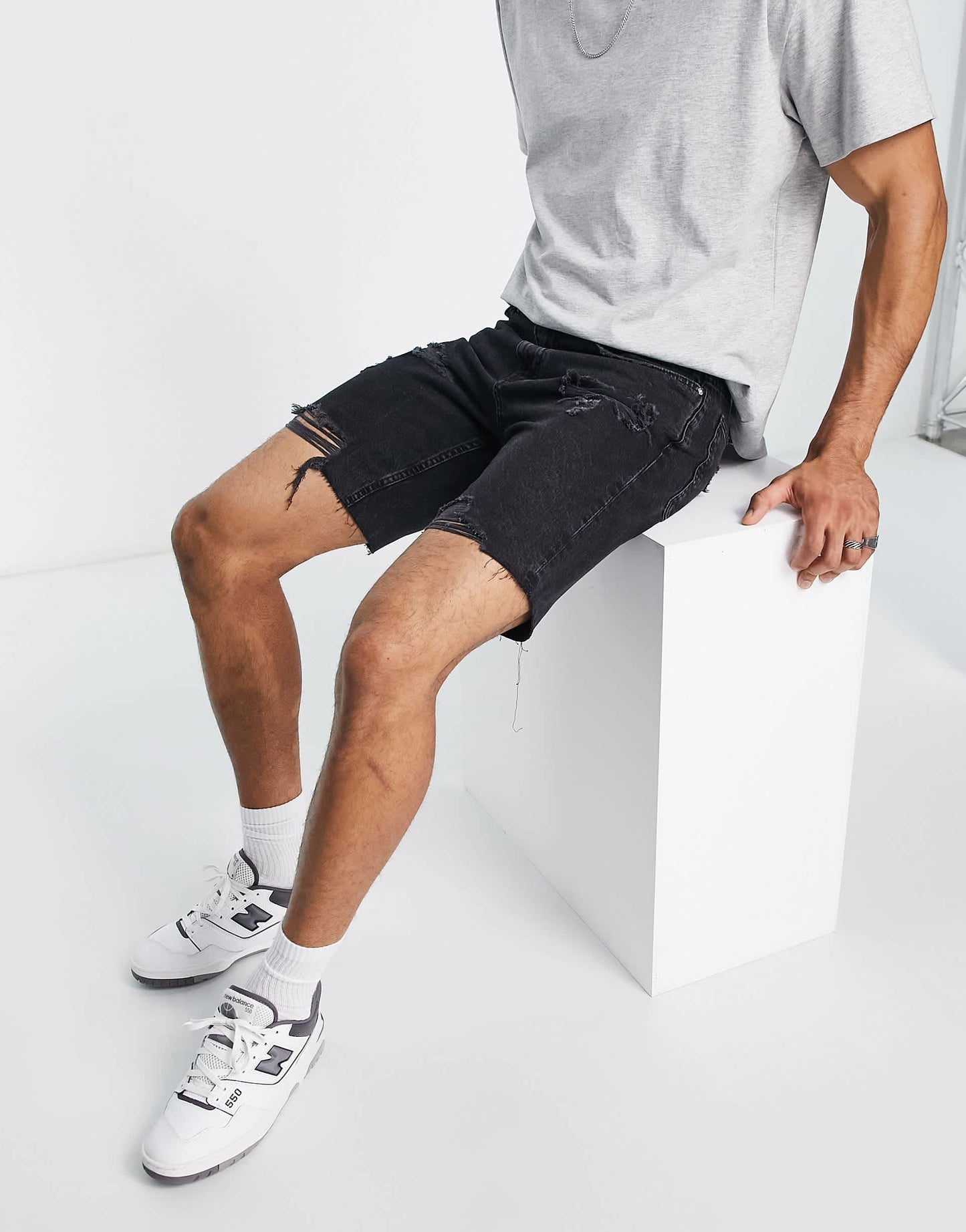 Pull&Bear straight fit denim shorts with rips in black