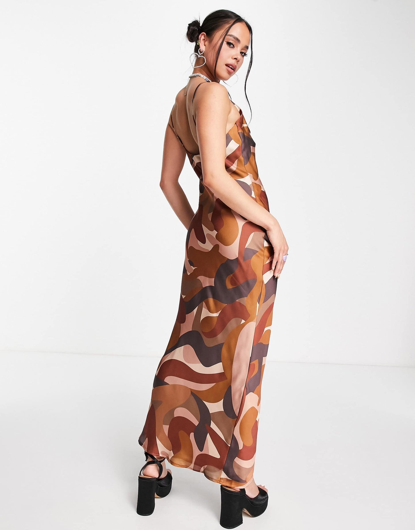 Peppermayo exclusive satin cowl front maxi dress in brown swirl print