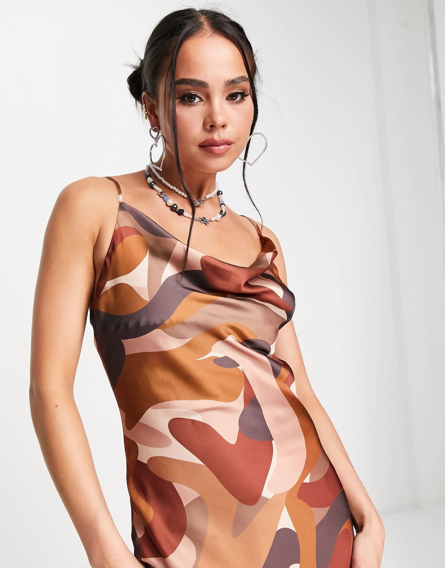 Peppermayo exclusive satin cowl front maxi dress in brown swirl print