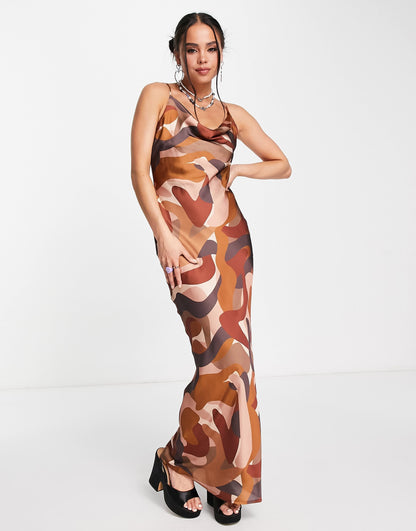 Peppermayo exclusive satin cowl front maxi dress in brown swirl print