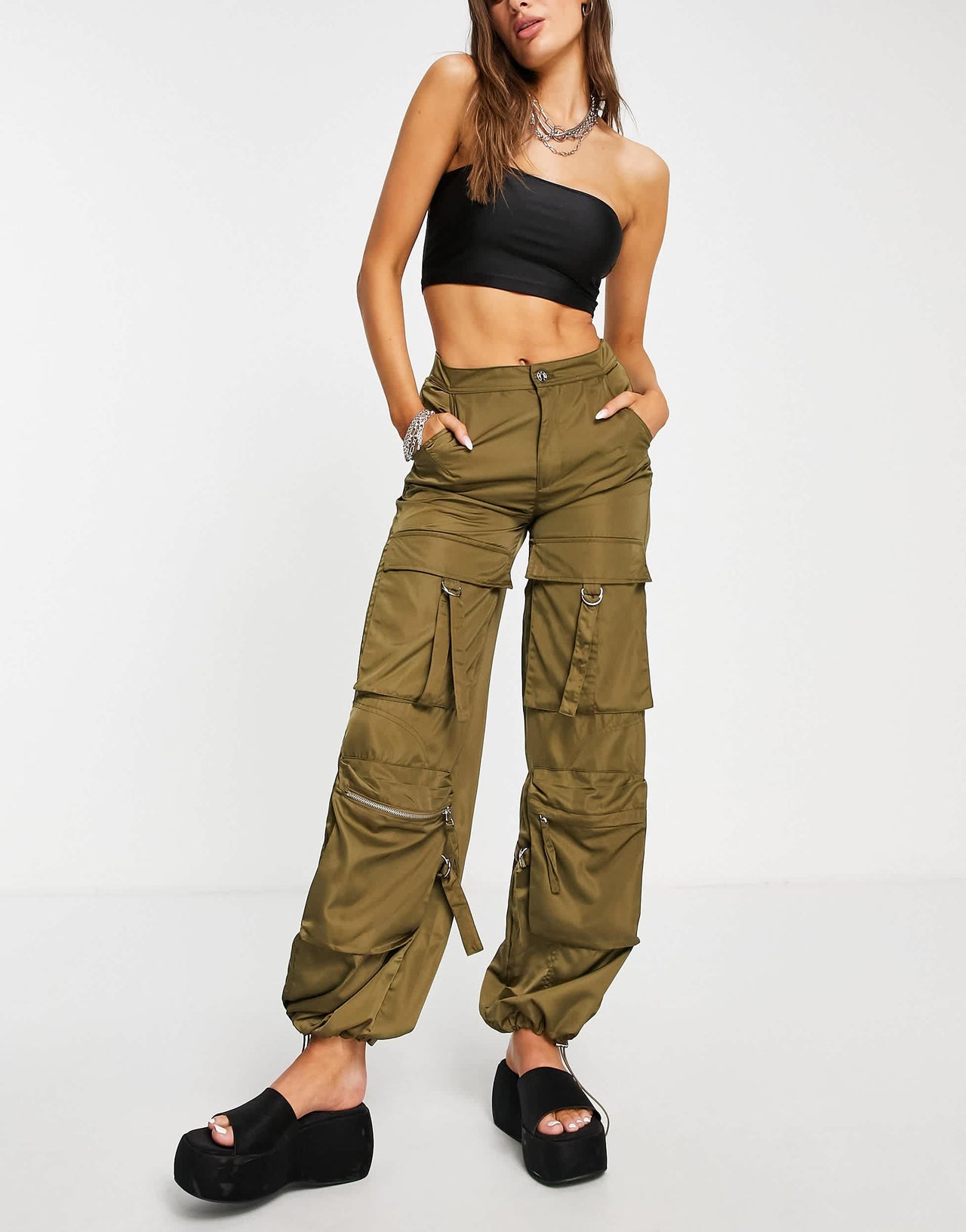 Bershka satin cargo pocket detail trousers co-ord in khaki