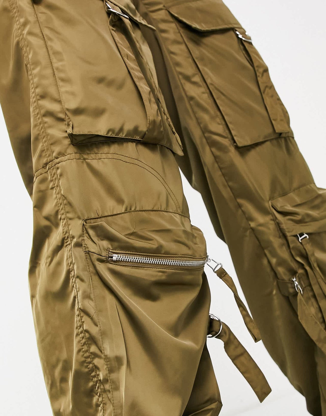 Bershka satin cargo pocket detail trousers co-ord in khaki