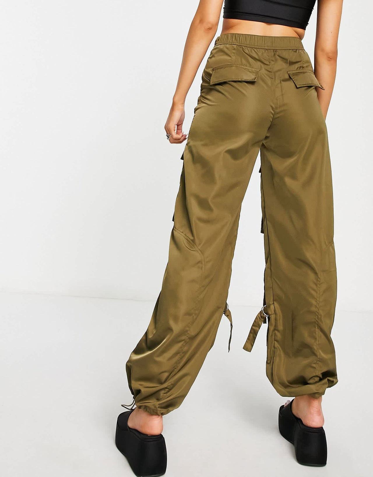 Bershka satin cargo pocket detail trousers co-ord in khaki