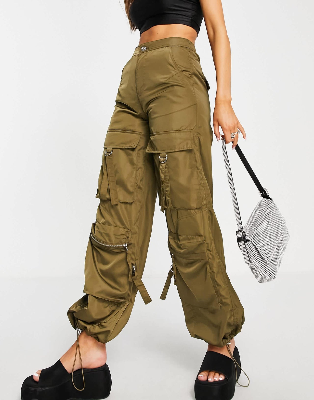 Bershka satin cargo pocket detail trousers co-ord in khaki