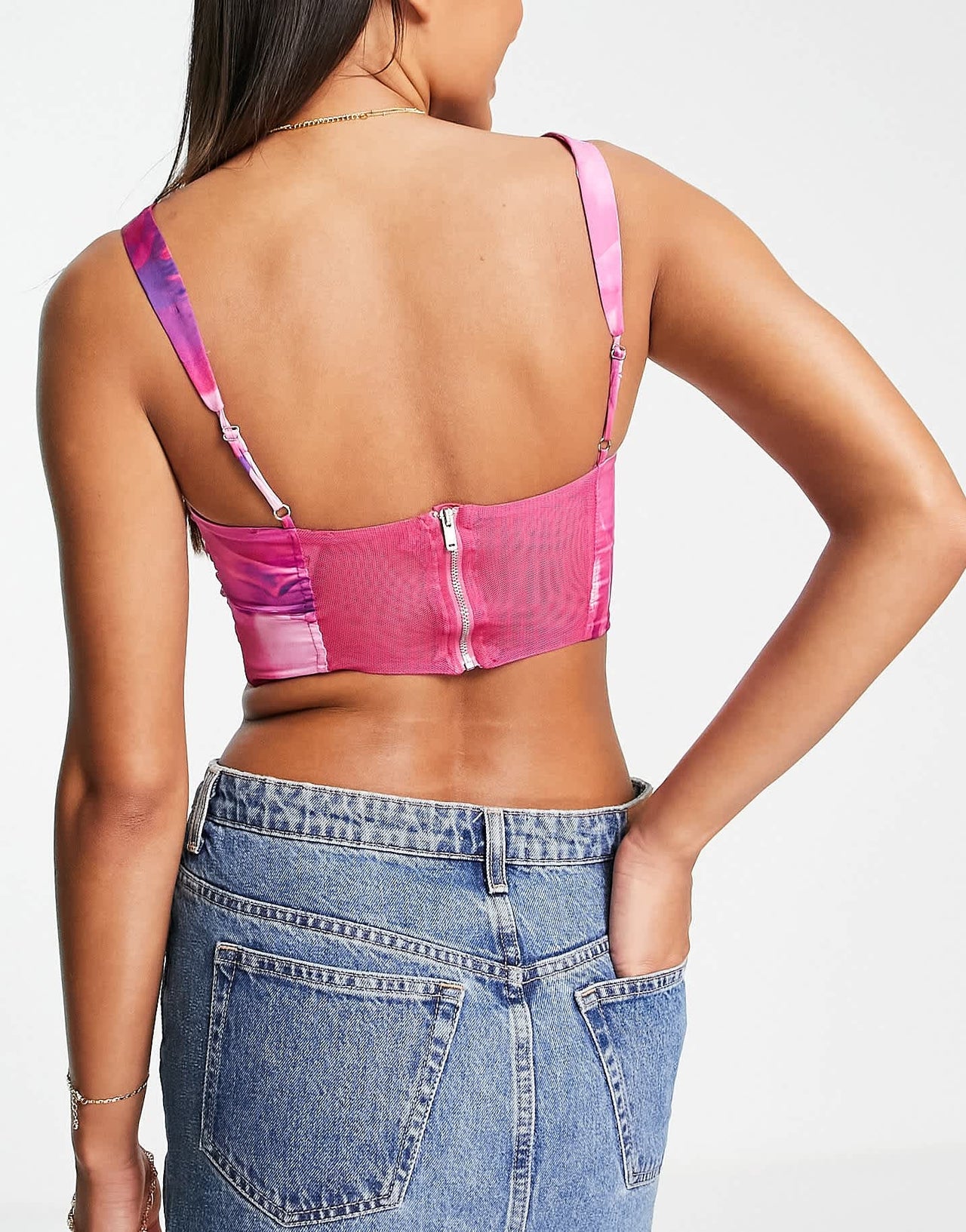 Bershka ruched detail corset in pink floral print