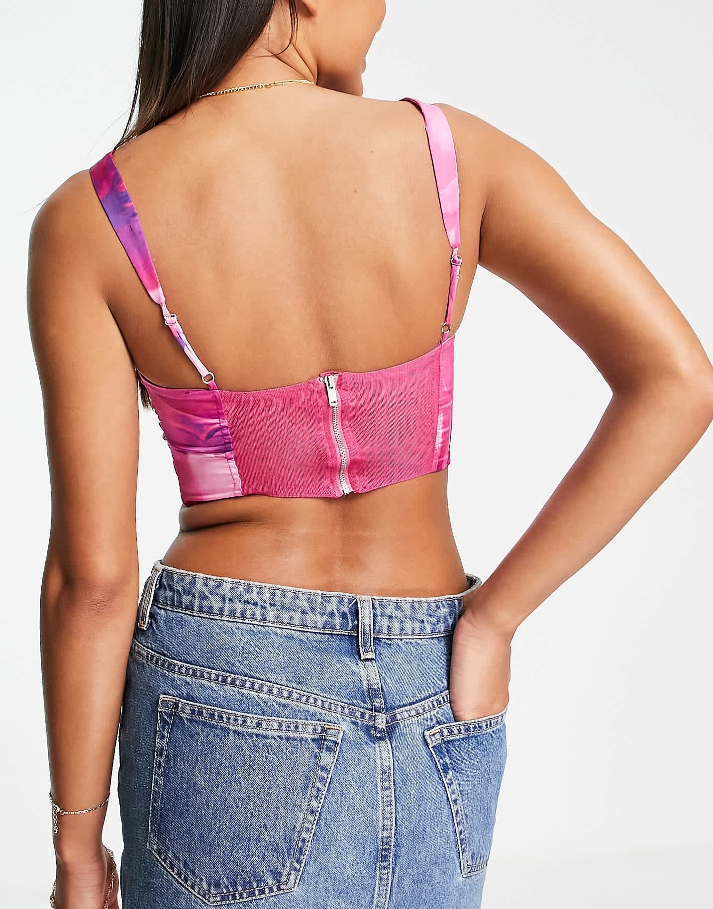 Bershka ruched detail corset in pink floral print