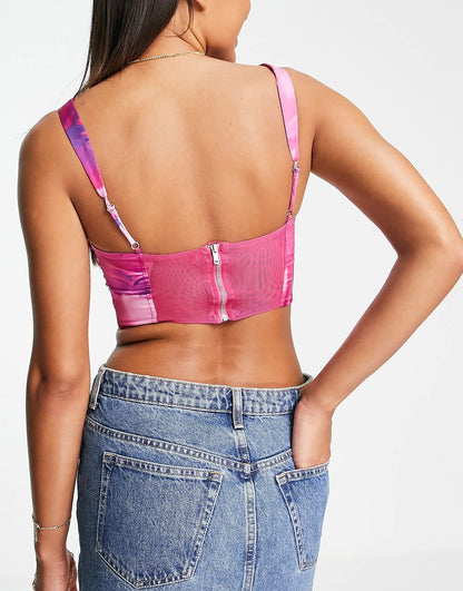Bershka ruched detail corset in pink floral print