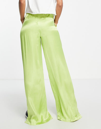 Bershka satin wide leg co-ord trouser in lime