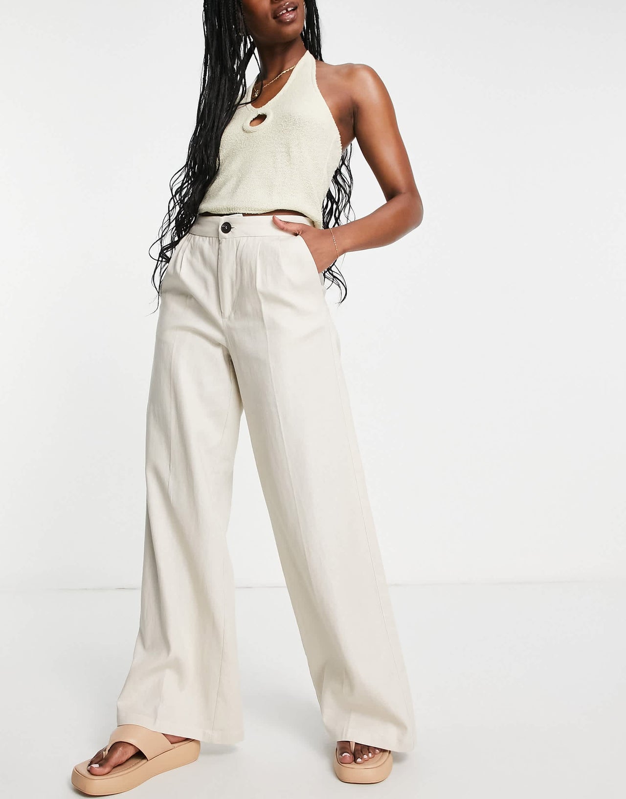 Bershka straight leg linen trouser in sand