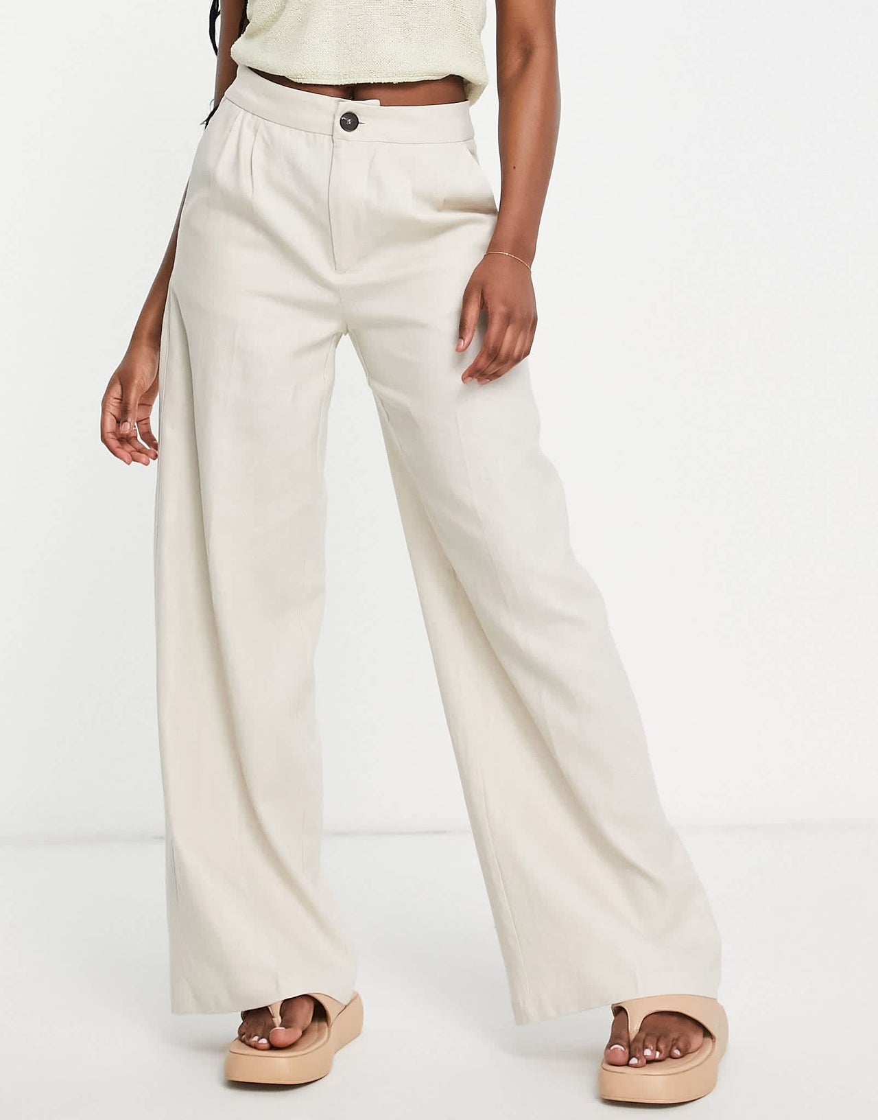 Bershka straight leg linen trouser in sand