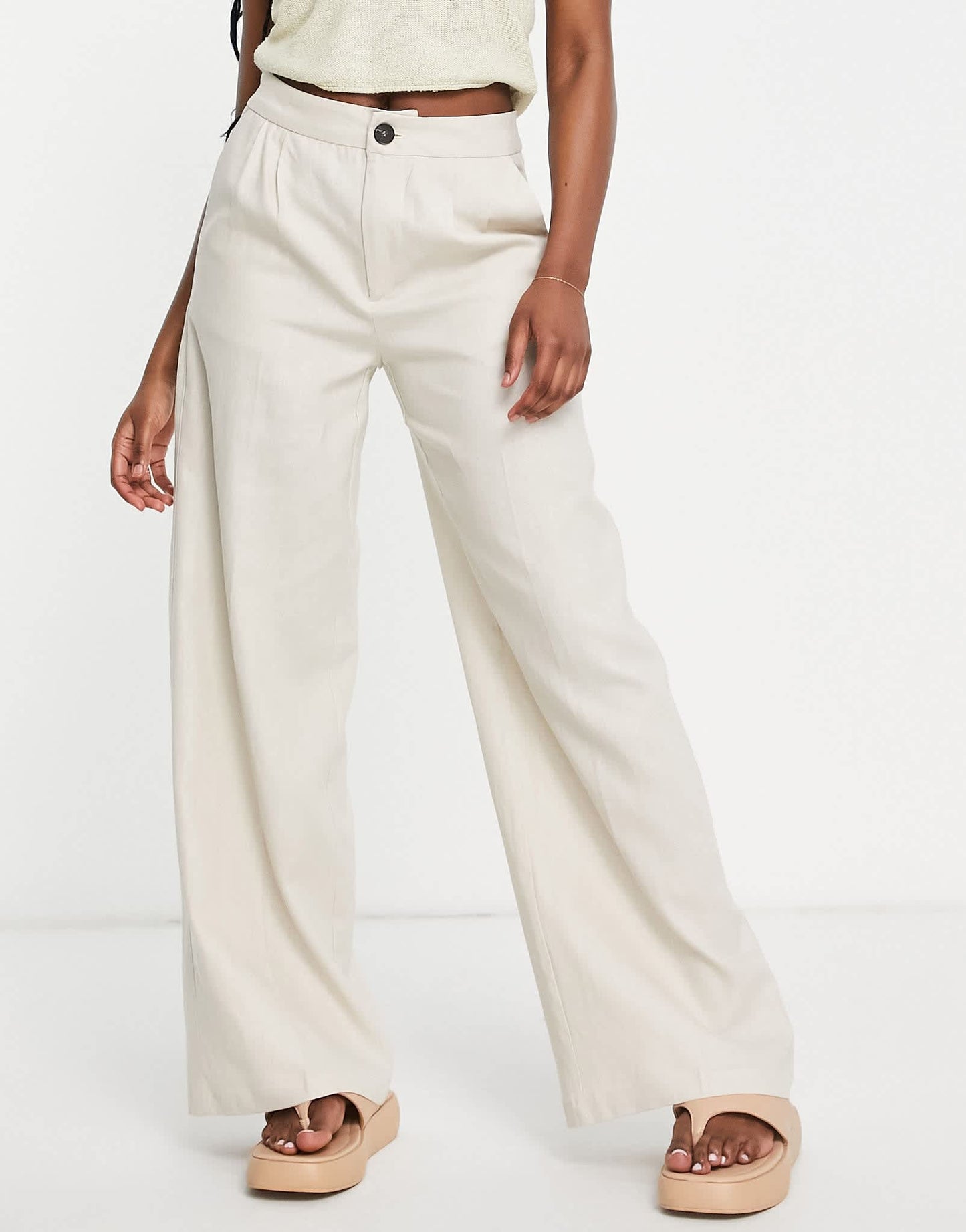 Bershka straight leg linen trouser in sand