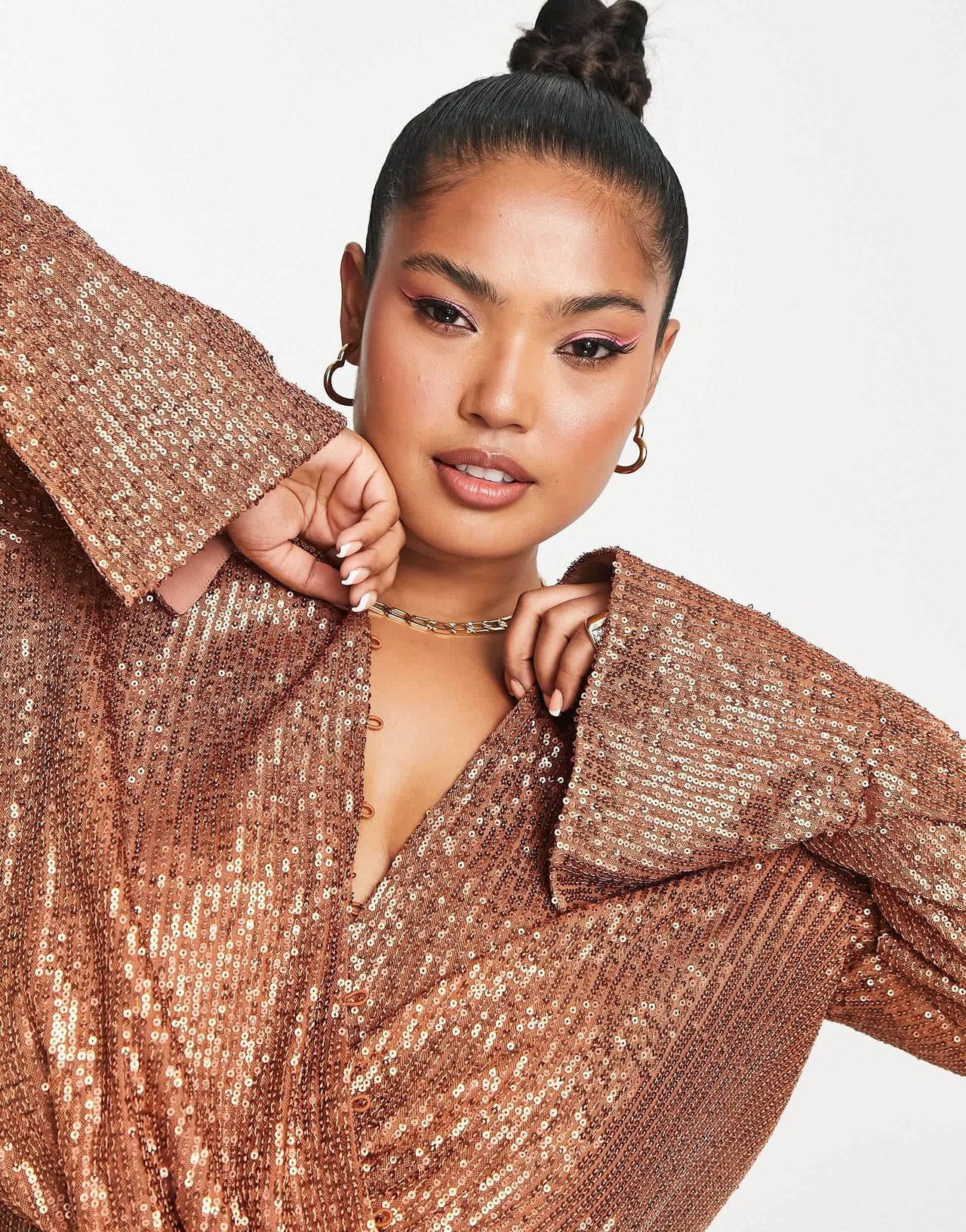ASOS DESIGN Curve embellished drape detail mini dress with button detail in gold
