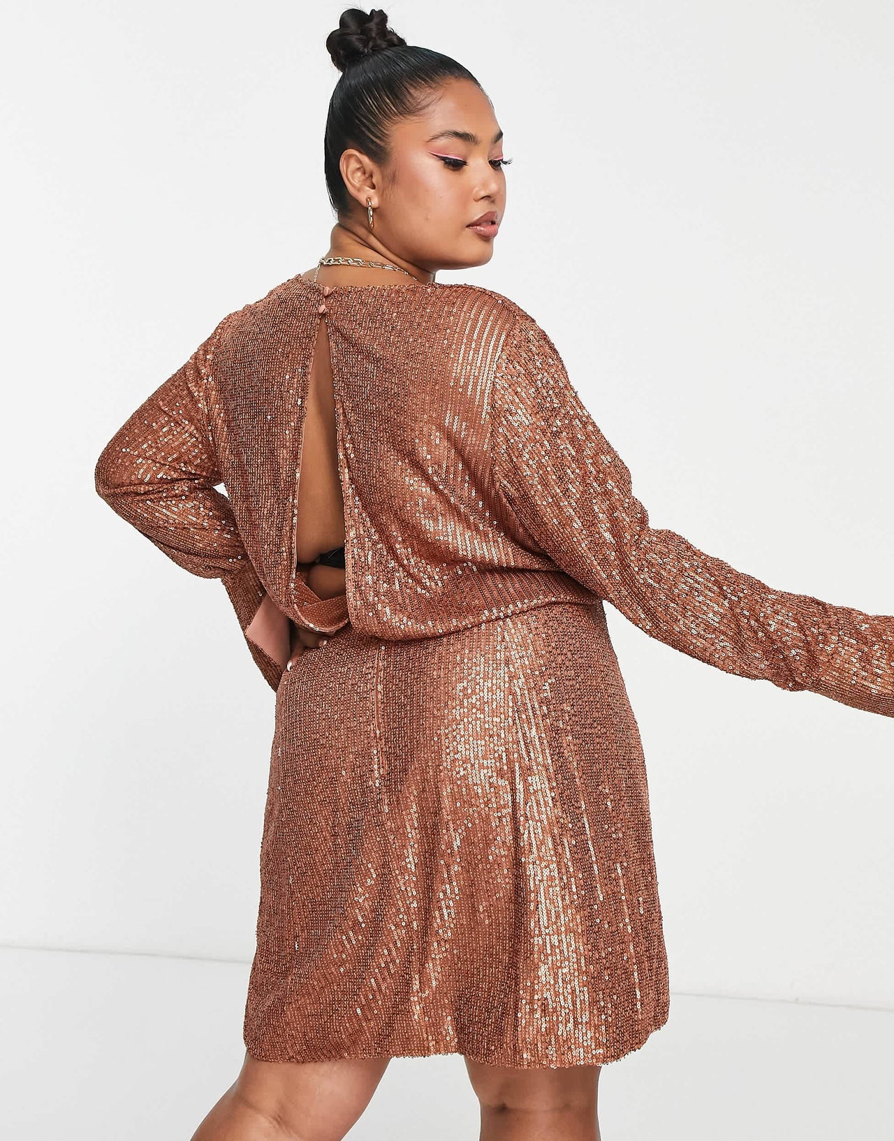 ASOS DESIGN Curve embellished drape detail mini dress with button detail in gold
