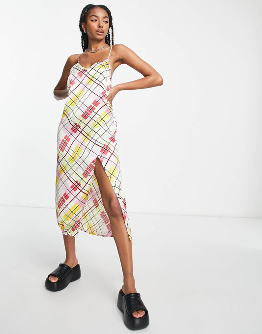 Heartbreak satin midi slip dress with split in check