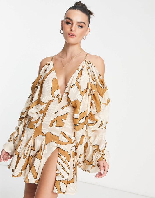 ASOS DESIGN soft godet detail mini dress with chain detail in print