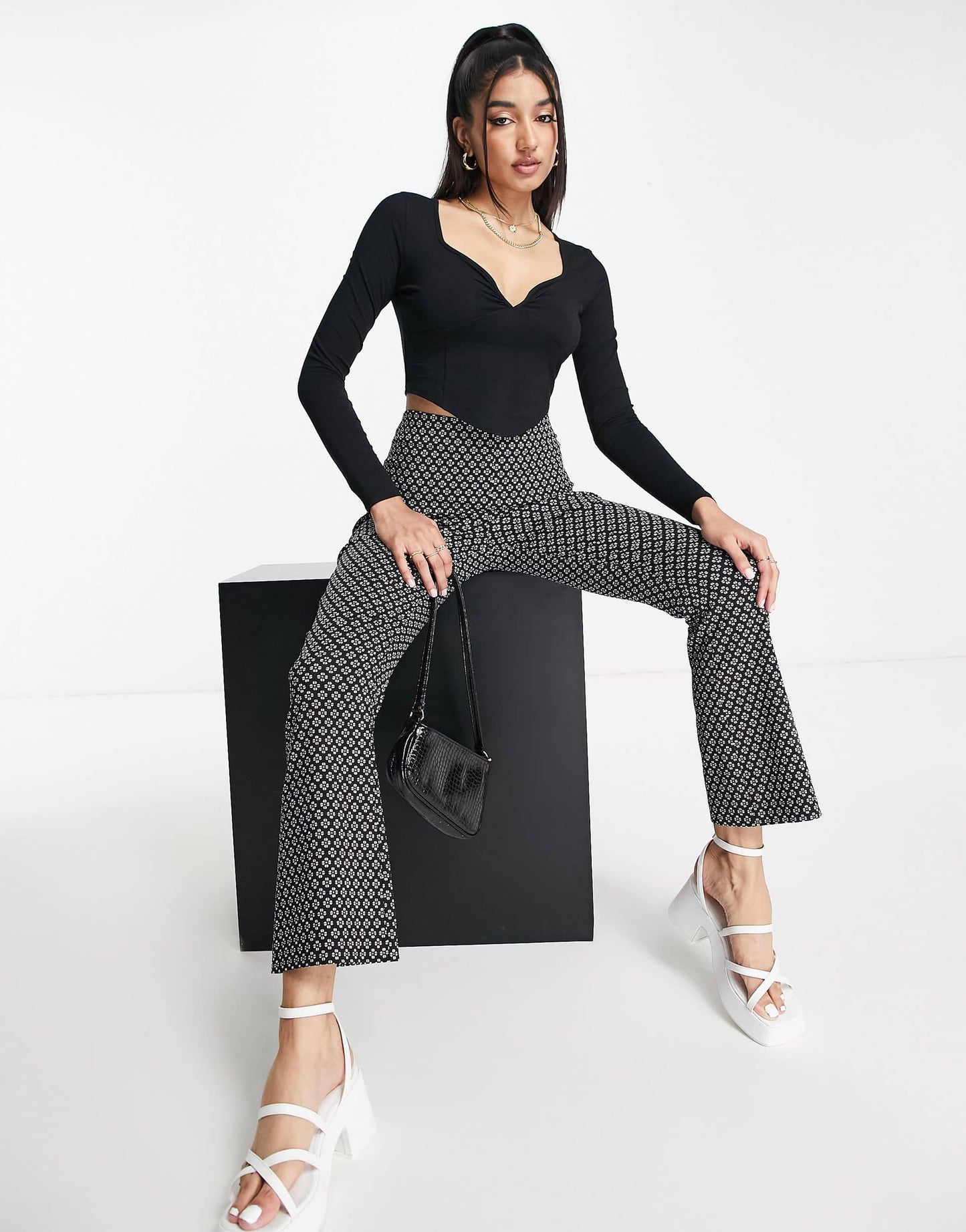 Miss Selfridge long sleeve crop top with sweetheart neckline in black