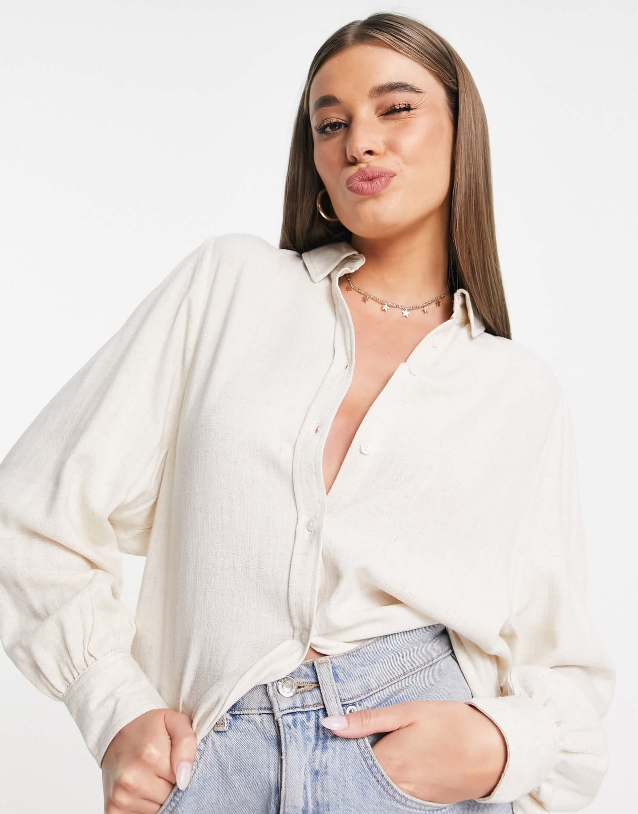 Stradivarius linen oversized shirt in natural