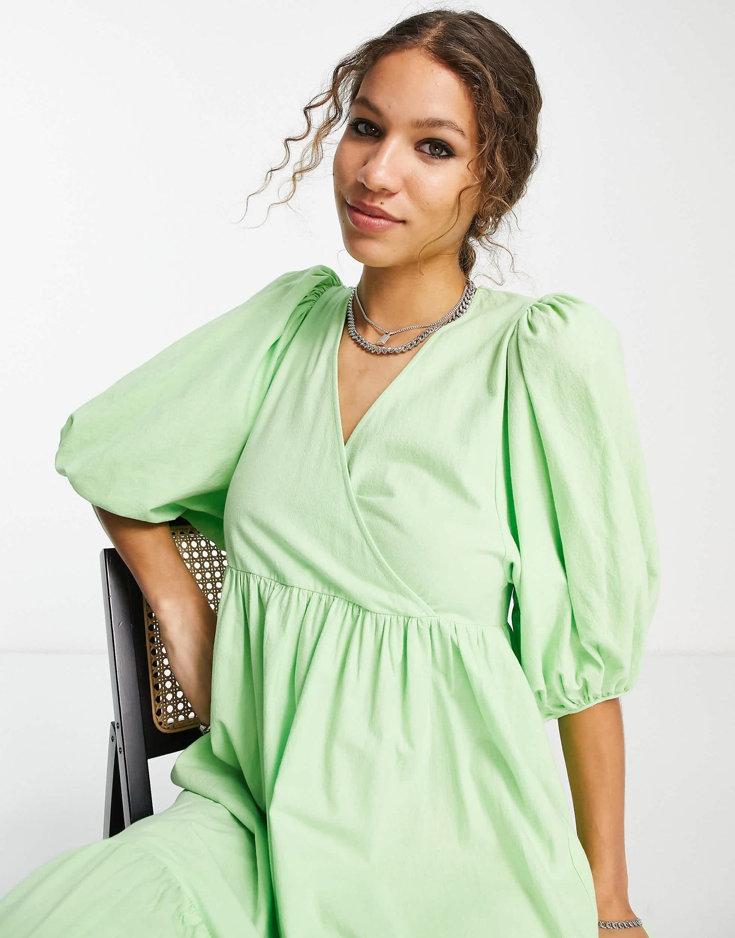 Edited cotton tiered smock dress with balloon sleeves in lime green - LGREEN