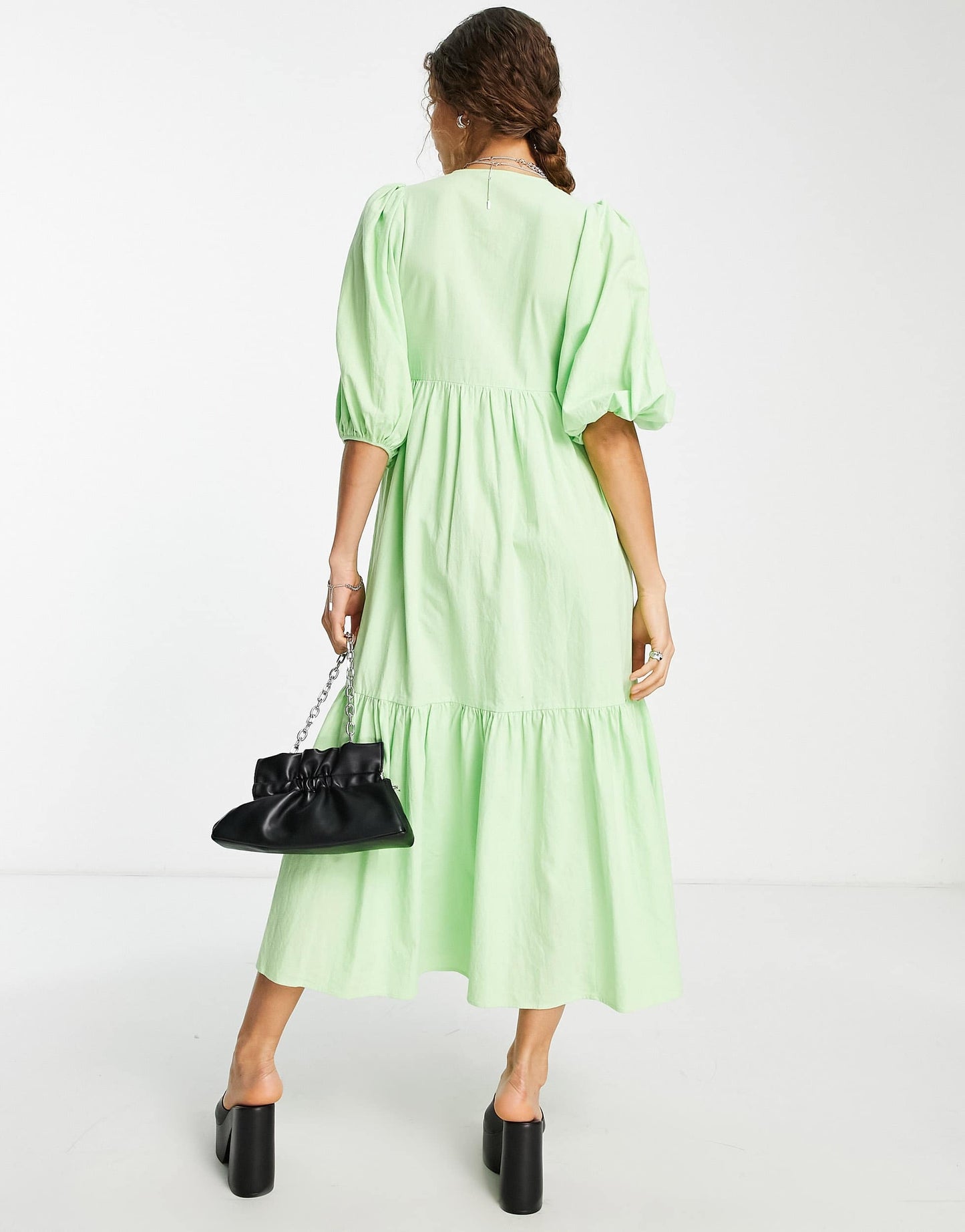Edited cotton tiered smock dress with balloon sleeves in lime green - LGREEN