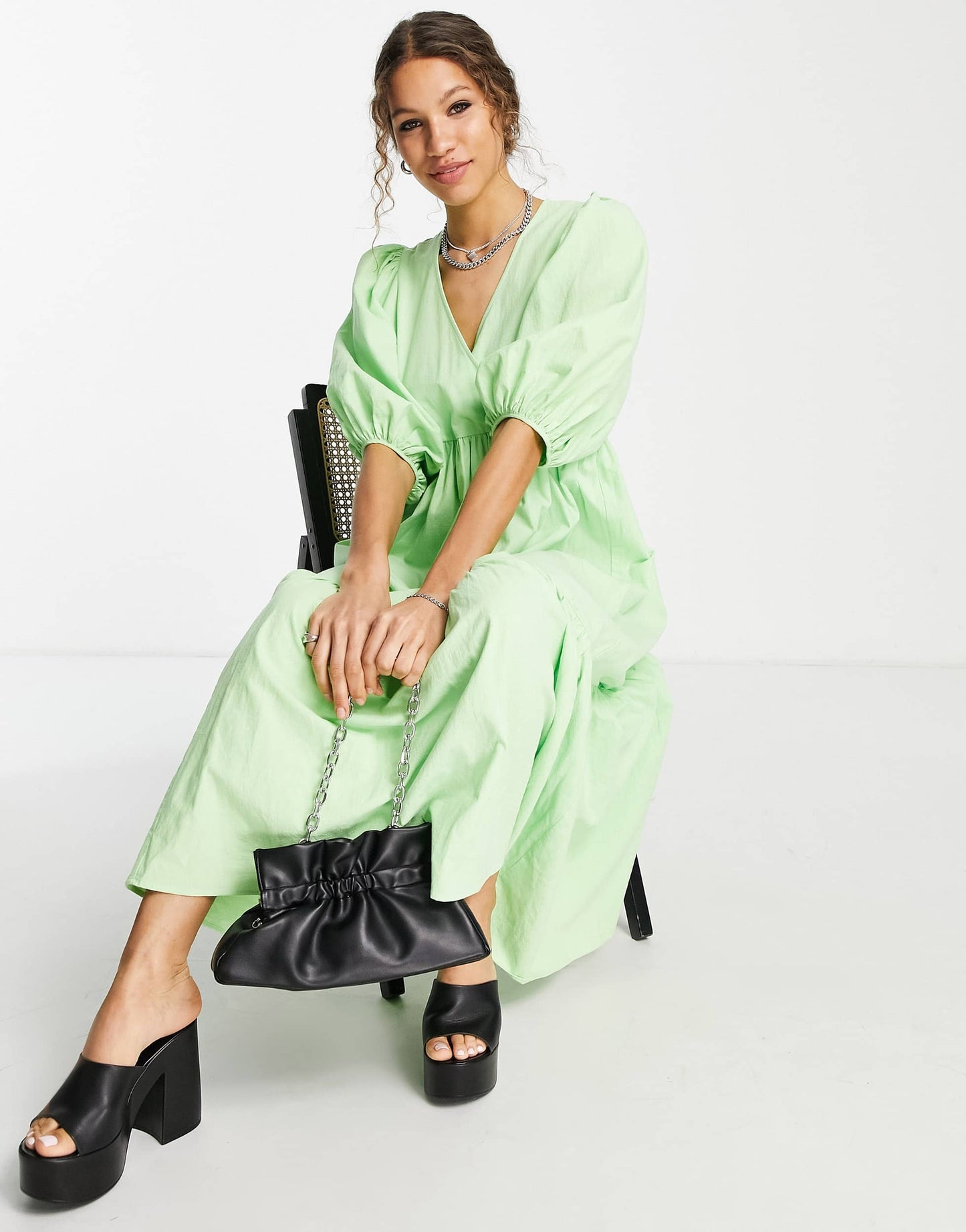 Edited cotton tiered smock dress with balloon sleeves in lime green - LGREEN