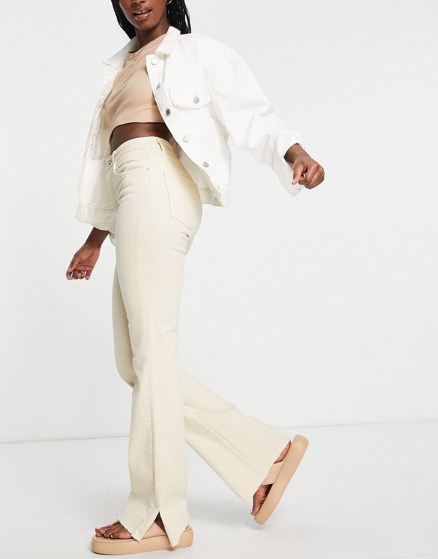 Stradivarius slim flare jean with split detail in ecru