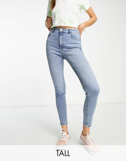 Pull&Bear Tall high waisted skinny contour jeans in mid blue