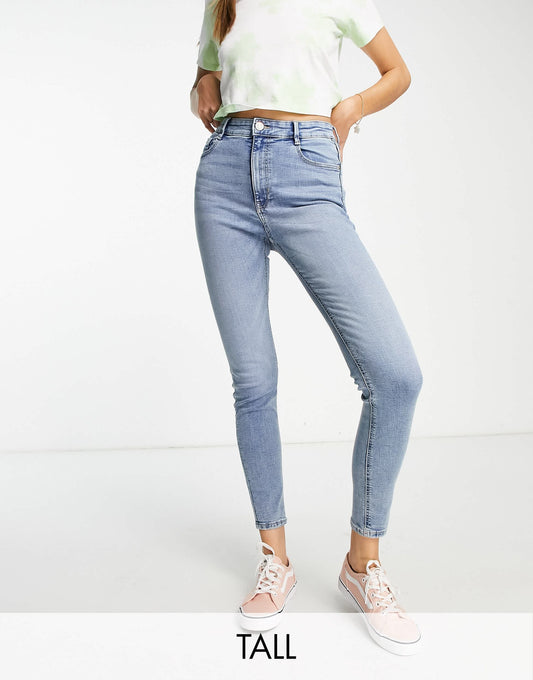 Pull&Bear Tall high waisted skinny contour jeans in mid blue