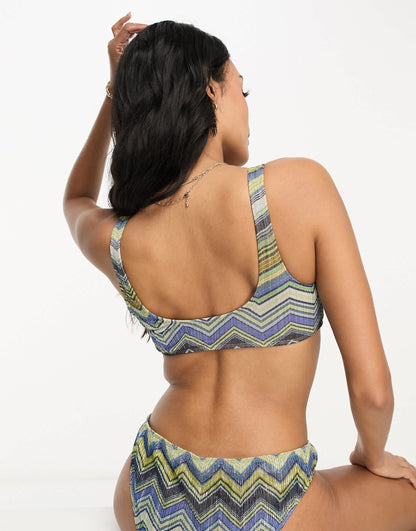 ASOS DESIGN Fuller Bust ring front crop bikini top in glitter zig zag print