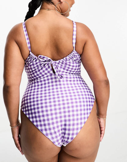 ASOS DESIGN Curve ruched cut out swimsuit in purple check print