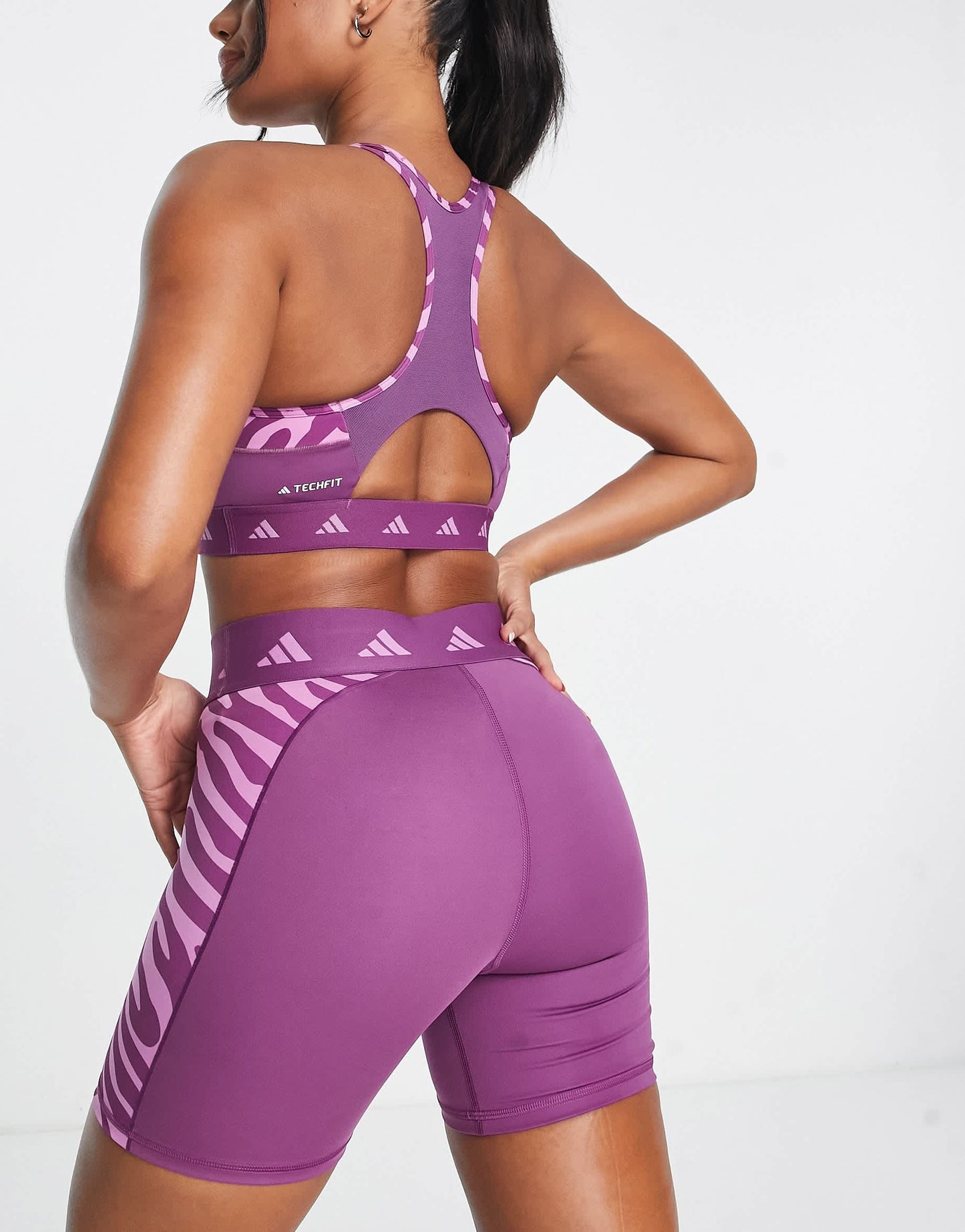 adidas Training Hyperglam panelled zebra print legging shorts in purple