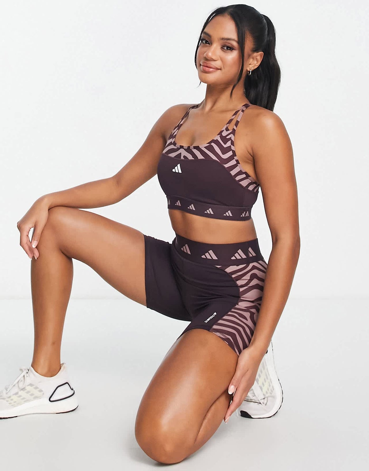 adidas Training Hyperglam panelled zebra print legging shorts in burgundy