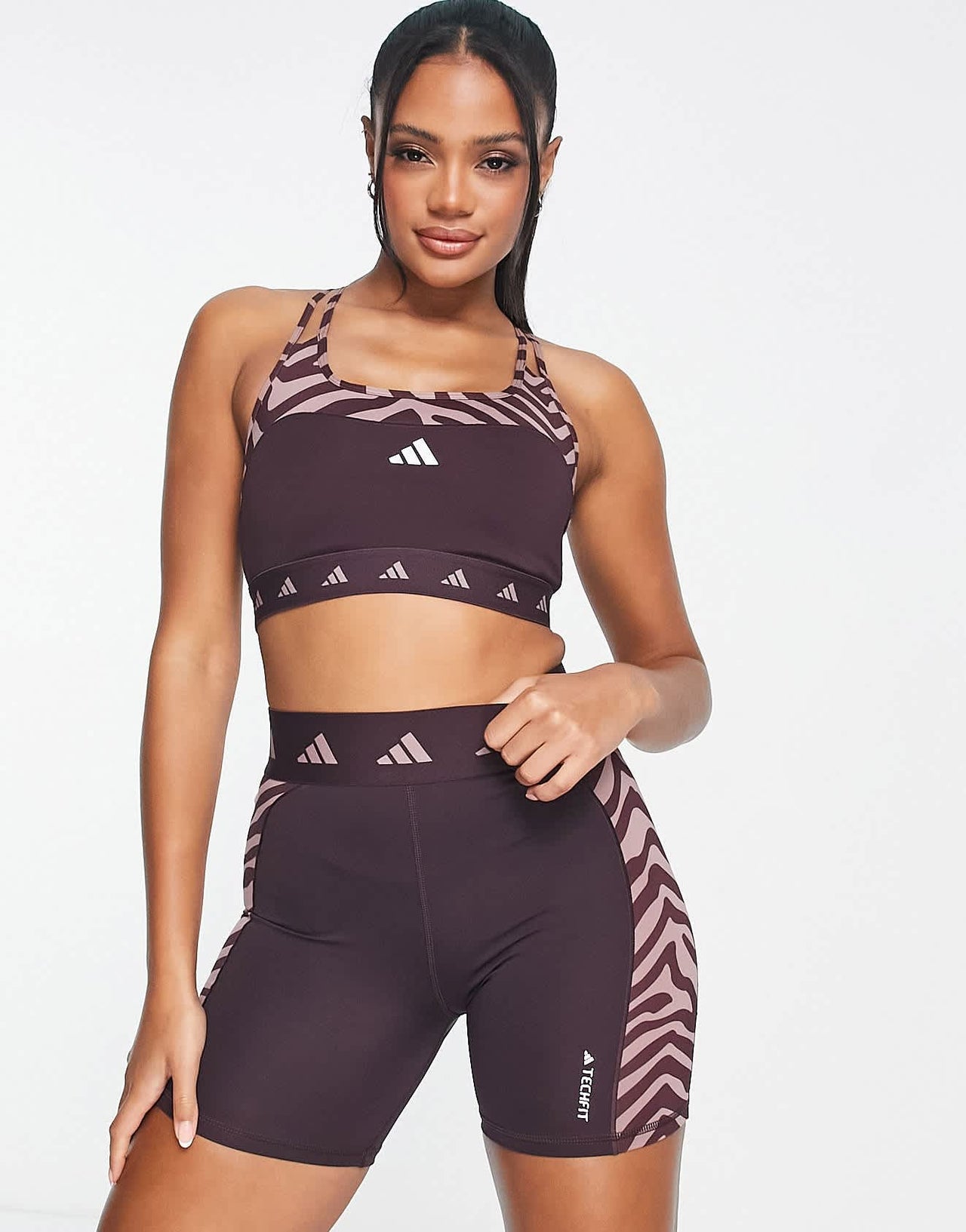 adidas Training Hyperglam panelled zebra print legging shorts in burgundy