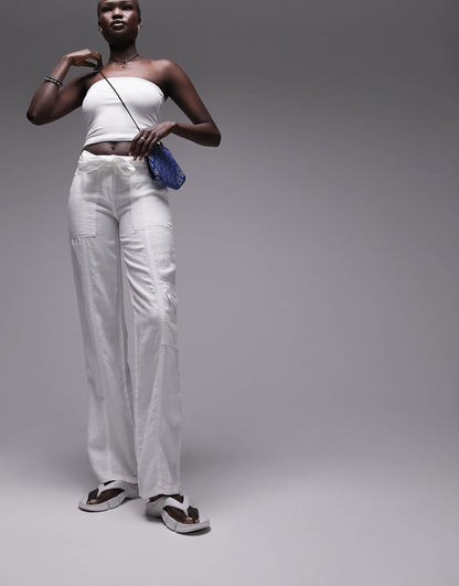 Topshop Tall linen tie waist mid rise straight leg trouser in white